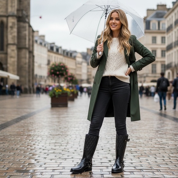 Stuart Weitzman Black Leather & Rubber Stirrup Rain Boots Size 39 (Size 8.5) - Picture 2 of 16